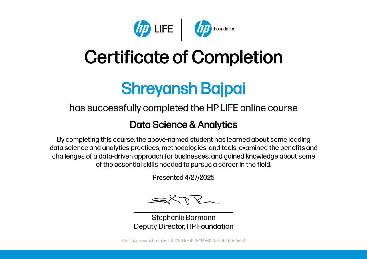 Certificate Of Data Science & Analytics by HPLife